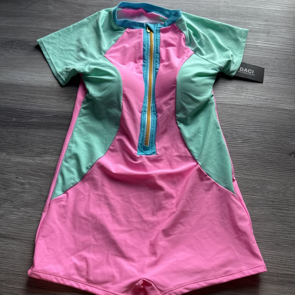 Daci Zipper Surfing Short Sleeve Colorblock Swimsuit, Pink, Large